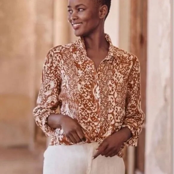 🍂 Garnet Hill 100% Linen Rust Ikat Print Top • Women’s Size 12 - Picture 1 of 7